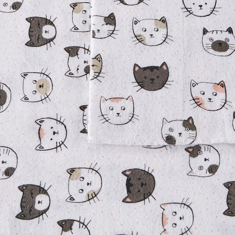 Olliix.com Sheets & Sheet Sets - Cozy Soft Cotton Novelty Print Flannel Sheet Set Queen Gray & Pink Cats