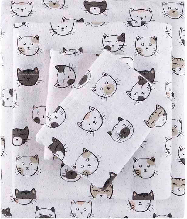 Olliix.com Sheets & Sheet Sets - Cozy Soft Cotton Novelty Print Flannel Sheet Set Queen Gray & Pink Cats
