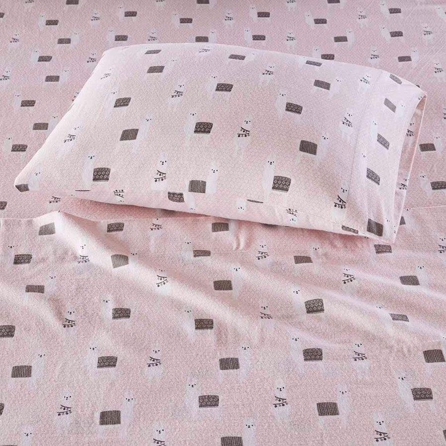 Olliix.com Sheets & Sheet Sets - Cozy Soft Cotton Novelty Print Flannel Sheet Set Queen Pink Llamas