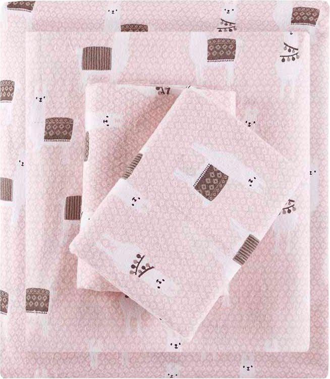Olliix.com Sheets & Sheet Sets - Cozy Soft Cotton Novelty Print Flannel Sheet Set Queen Pink Llamas