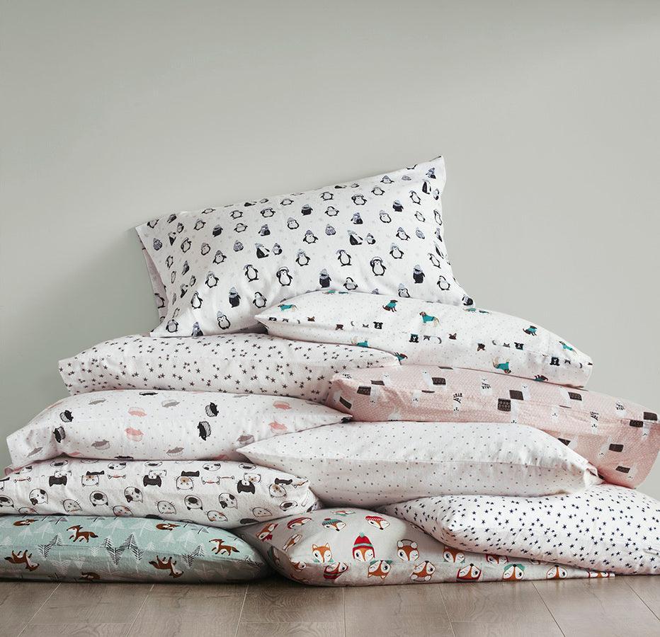 Olliix.com Sheets & Sheet Sets - Cozy Soft Cotton Novelty Print Flannel Sheet Set Queen Teal Dogs