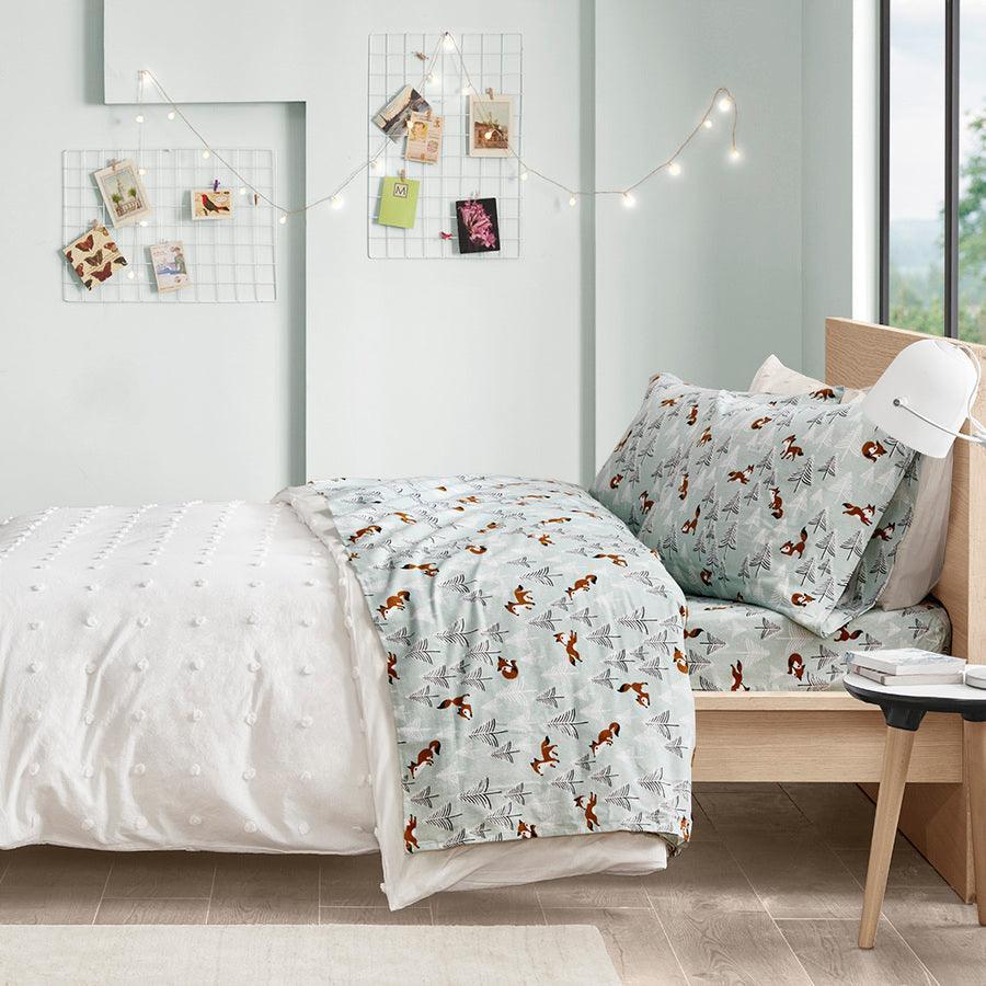 Olliix.com Sheets & Sheet Sets - Cozy Soft Cotton Novelty Print Flannel Sheet Set Twin Seafoam Foxes
