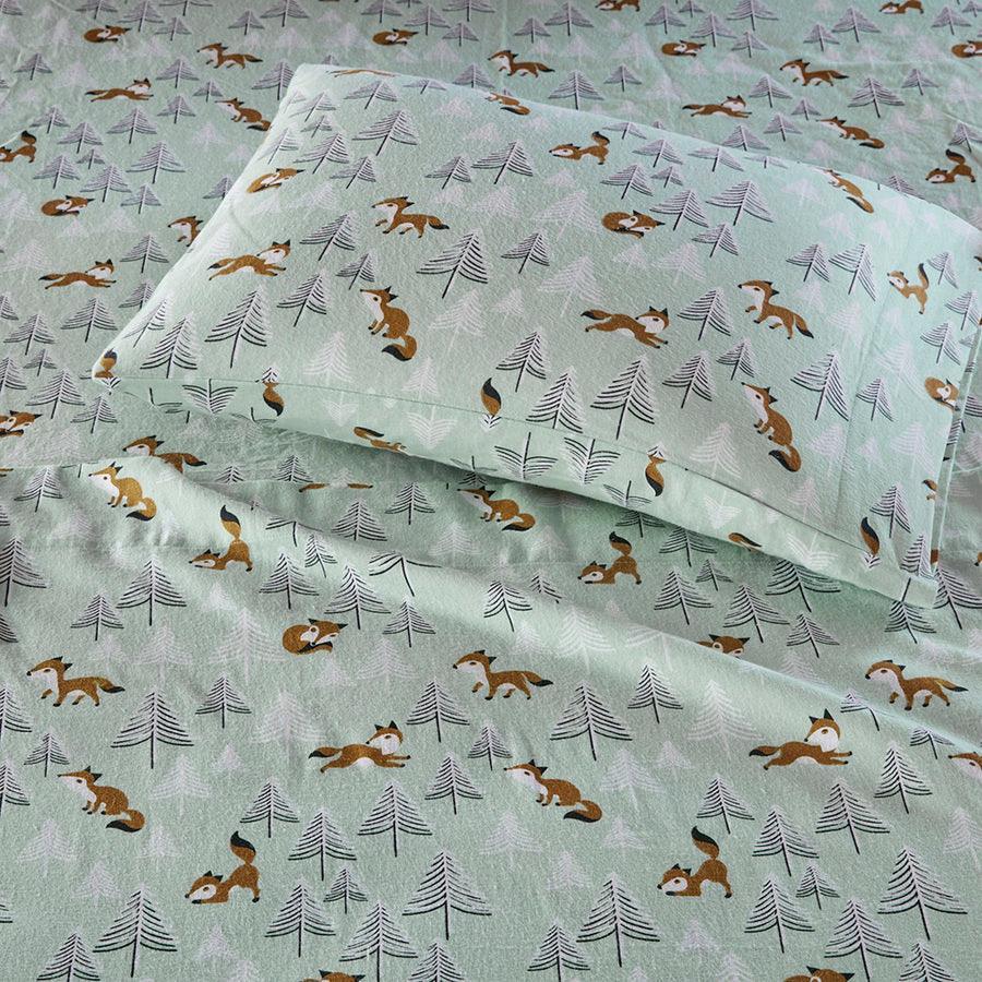 Olliix.com Sheets & Sheet Sets - Cozy Soft Cotton Novelty Print Flannel Sheet Set Twin Seafoam Foxes