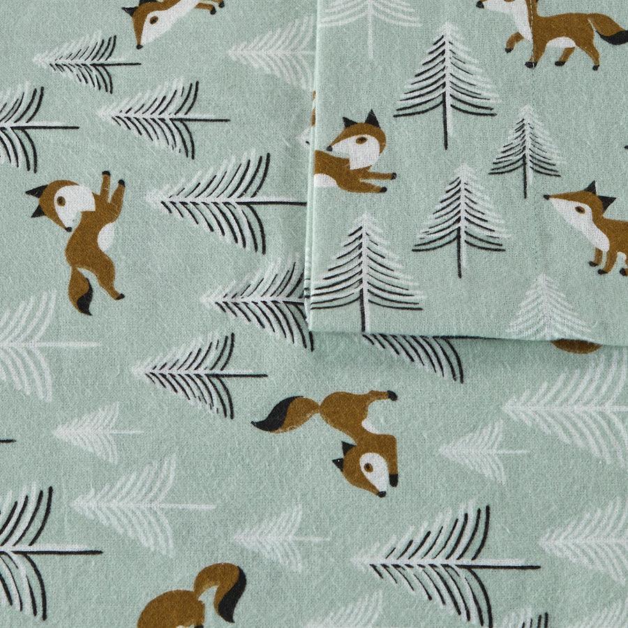 Olliix.com Sheets & Sheet Sets - Cozy Soft Cotton Novelty Print Flannel Sheet Set Twin Seafoam Foxes