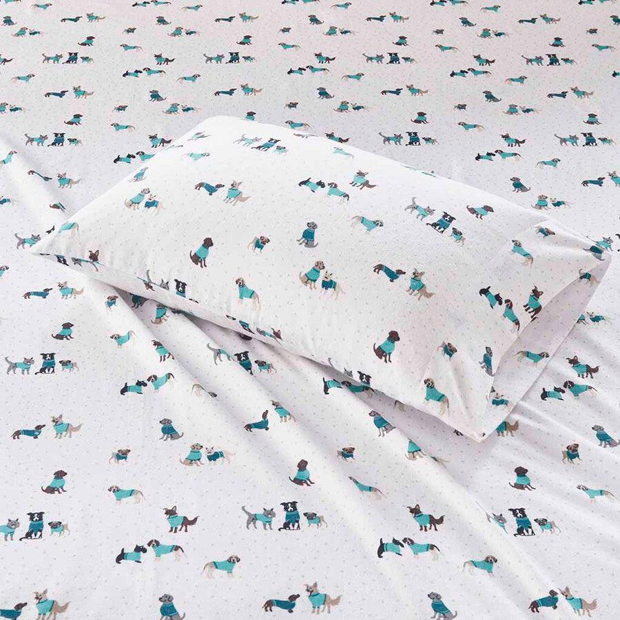 Olliix.com Sheets & Sheet Sets - Cozy Soft Cotton Novelty Print Flannel Sheet Set Twin Teal Dogs
