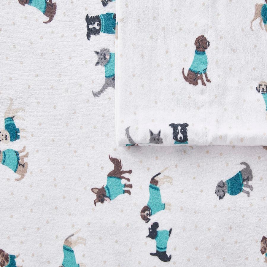 Olliix.com Sheets & Sheet Sets - Cozy Soft Cotton Novelty Print Flannel Sheet Set Twin Teal Dogs