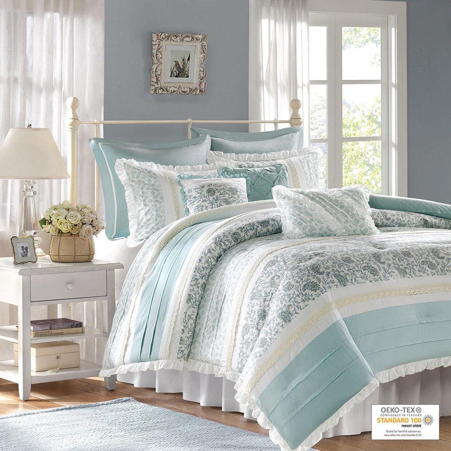 Olliix.com Comforters & Blankets - Dawn 9 Piece 20 " W Cotton Percale Comforter Set Blue Queen