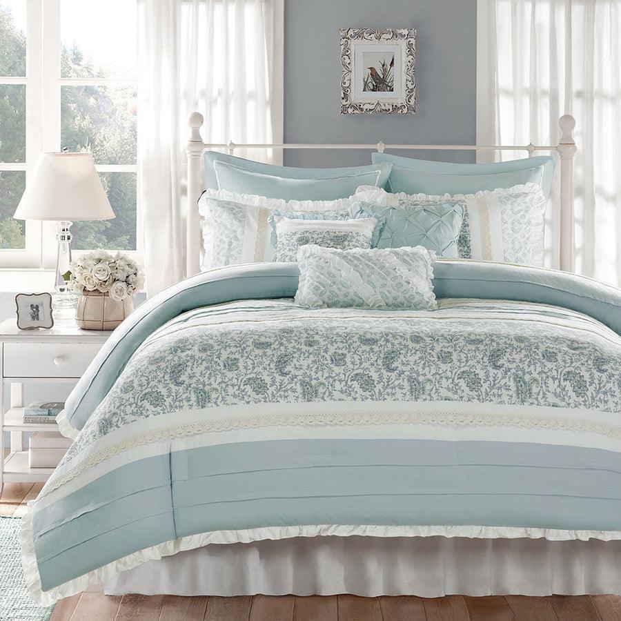 Olliix.com Comforters & Blankets - Dawn 9 Piece Cotton Percale Comforter Set Blue Cal King