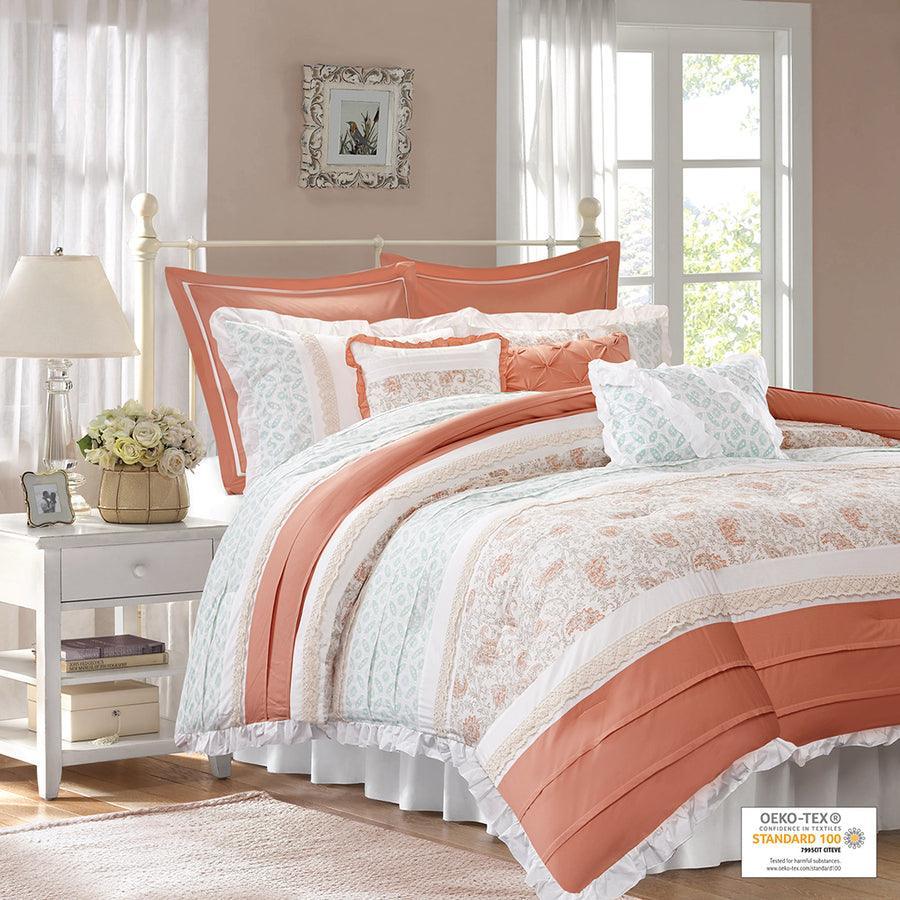 Olliix.com Comforters & Blankets - Dawn 9 Piece Cotton Percale Comforter Set Coral King