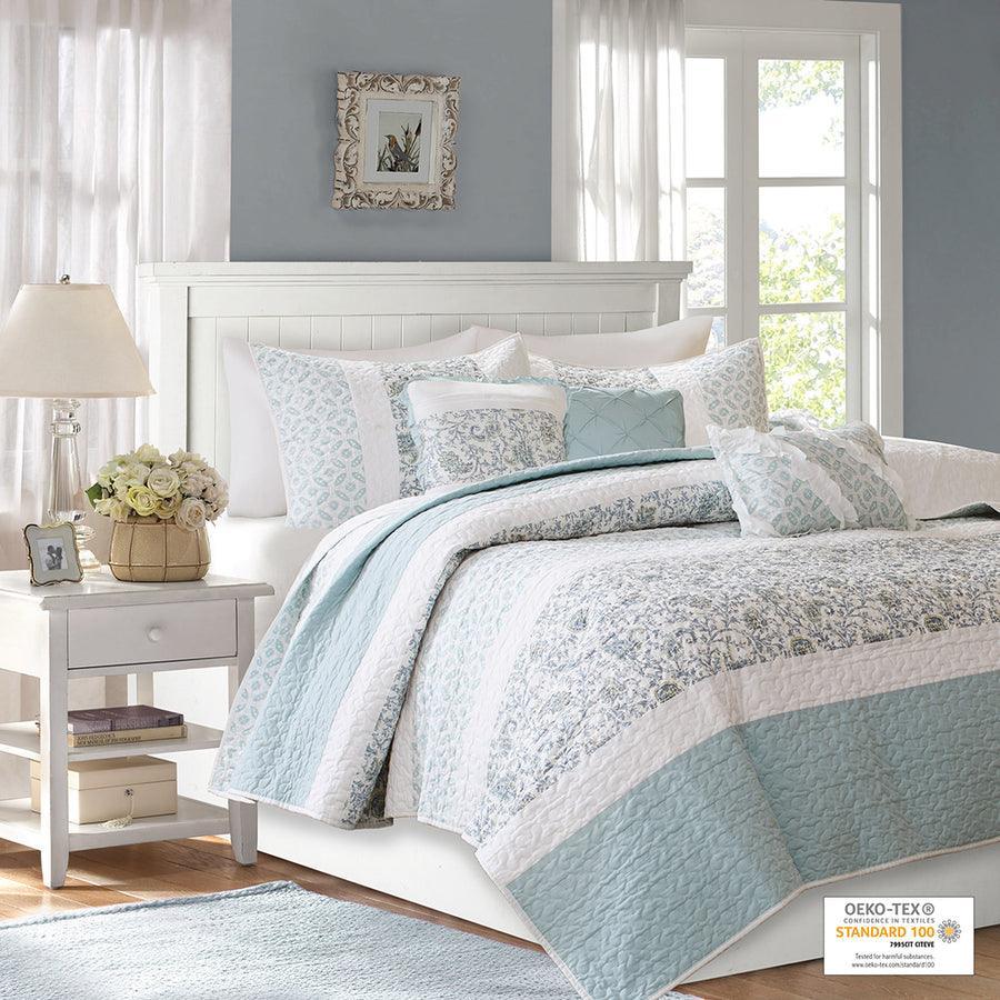 Olliix.com Comforters & Blankets - Dawn Full/Queen 6 Piece Cotton Percale Reversible Coverlet Set Blue