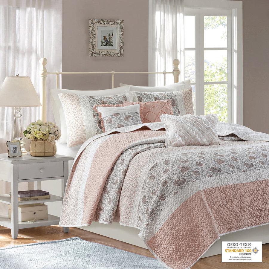Olliix.com Comforters & Blankets - Dawn Full/Queen 6 Piece Cotton Percale Reversible Coverlet Set Blush