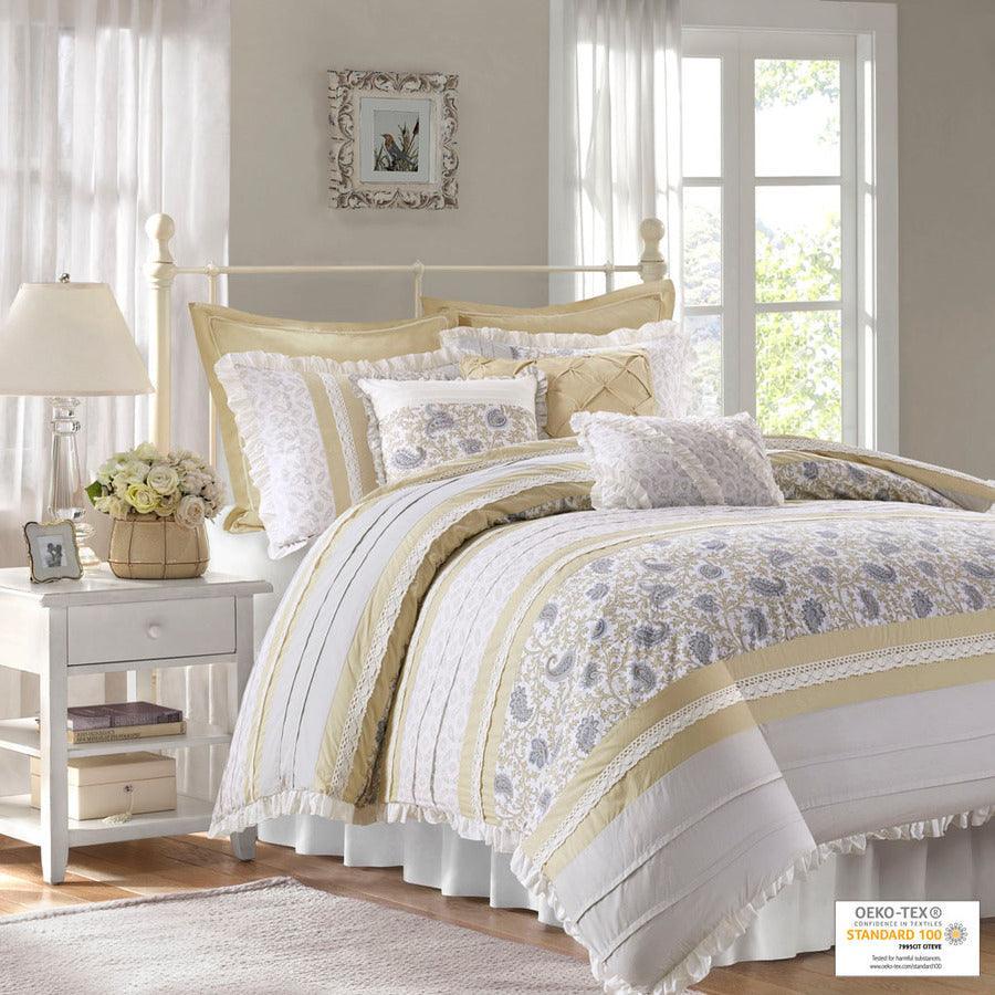 Olliix.com Comforters & Blankets - Dawn Shabby Chic 9 Piece Cotton Percale Queen Comforter Set Yellow