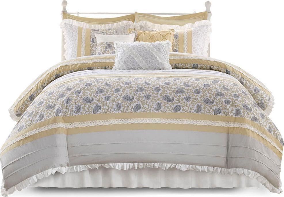 Olliix.com Comforters & Blankets - Dawn Shabby Chic 9 Piece Cotton Percale Queen Comforter Set Yellow