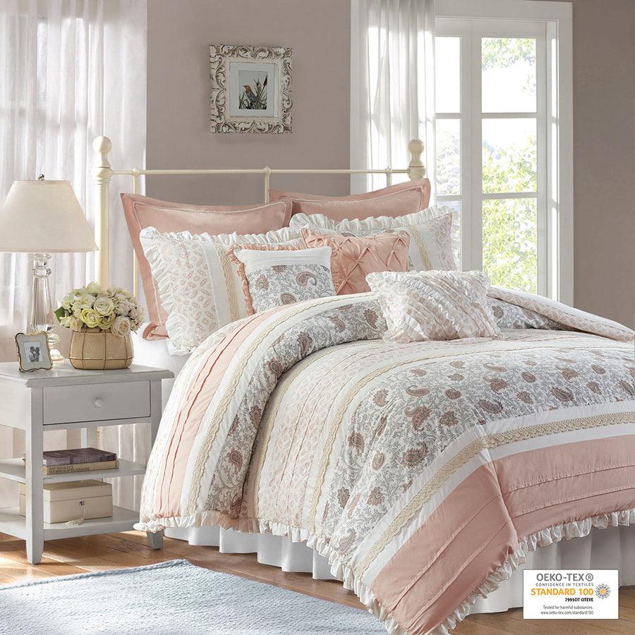 Olliix.com Comforters & Blankets - Dawn Transitional 9 Piece Cotton Percale Comforter Set Blush Cal King