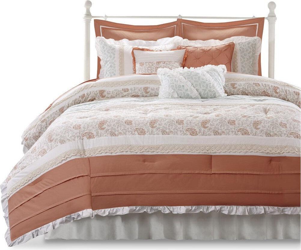 Olliix.com Comforters & Blankets - Dawn Transitional 9 Piece Cotton Percale Comforter Set Coral Cal King