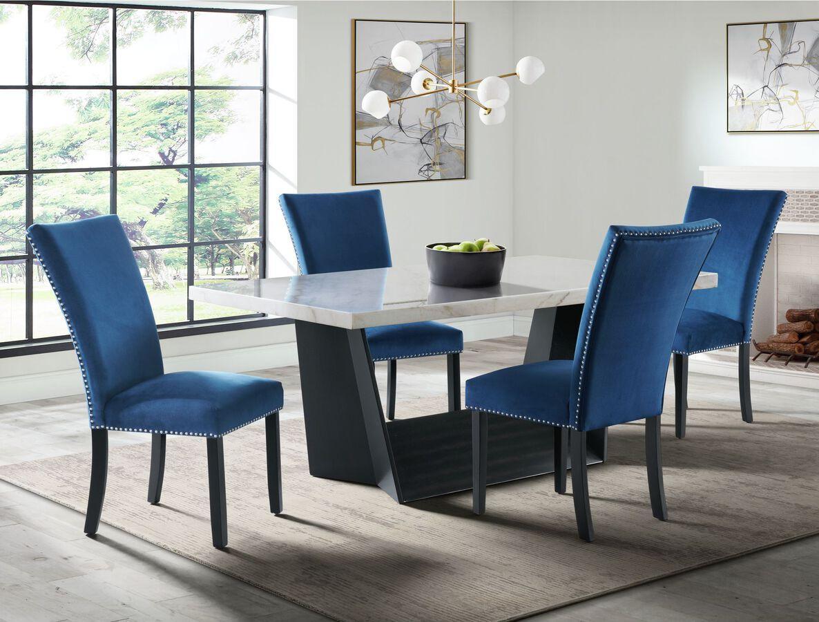 Elements Dining Sets - Dillon Standard Height White 5 Piece Dining Set-Table & Four Velvet Chairs in Blue