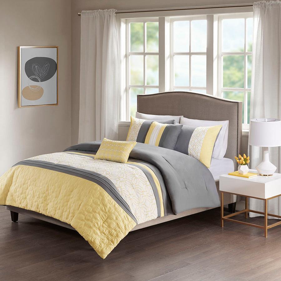 Olliix.com Comforters & Blankets - Donnell 26 " W Embroidered 5 Piece Comforter Set Yellow & Gray Full/Queen