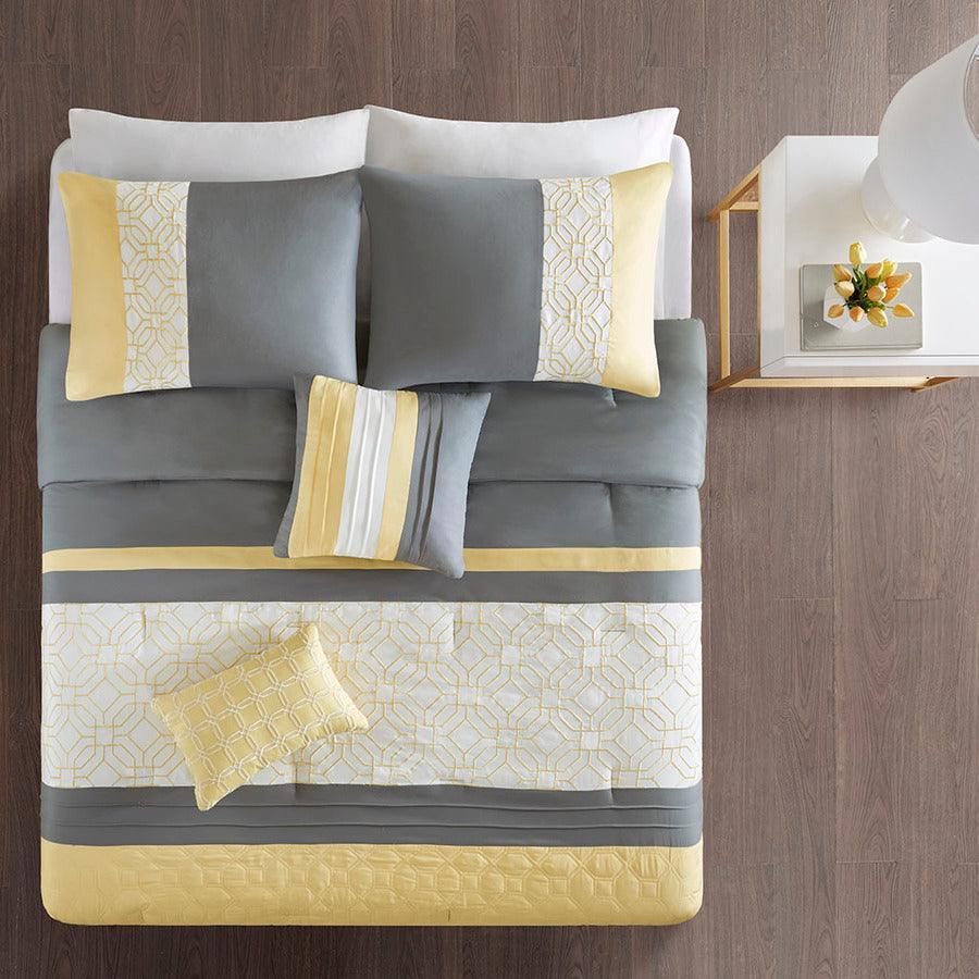 Olliix.com Comforters & Blankets - Donnell 26 " W Embroidered 5 Piece Comforter Set Yellow & Gray Full/Queen