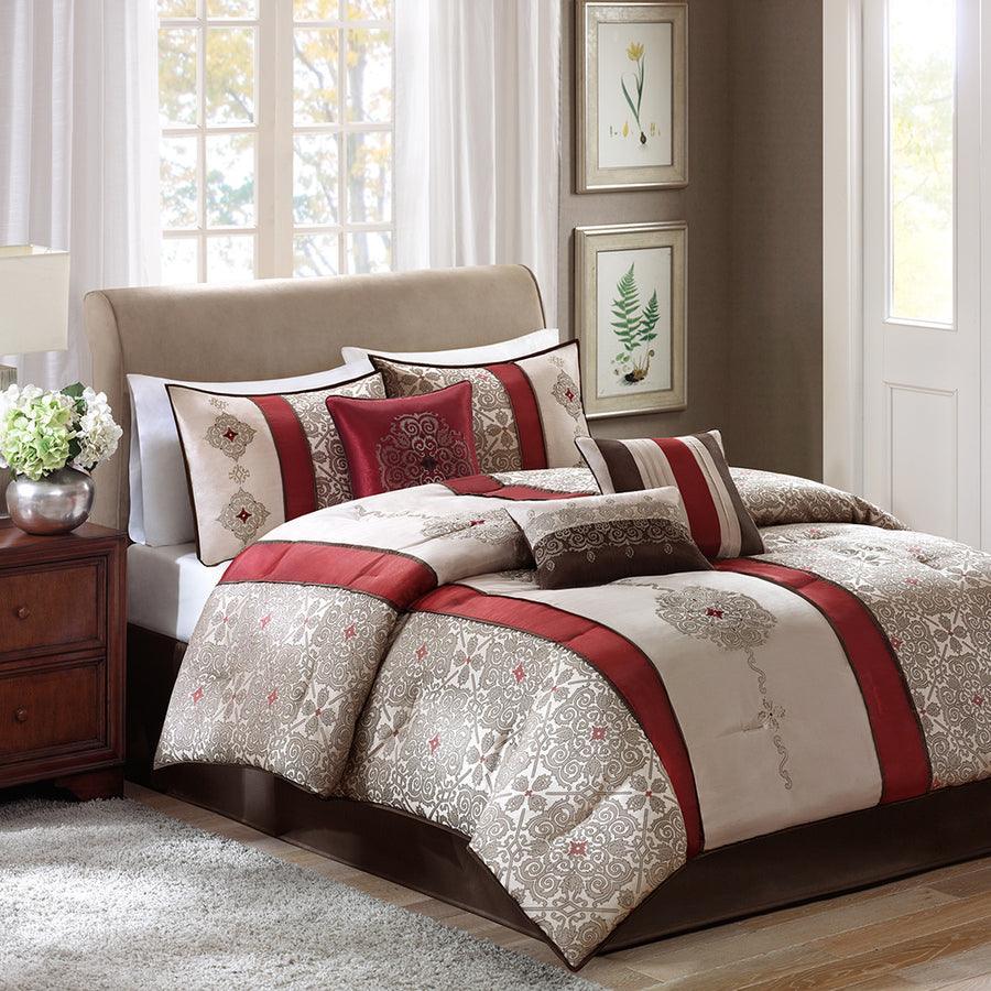Olliix.com Comforters & Blankets - Donovan California King 7 Piece Traditional Jacquard Comforter Set Red