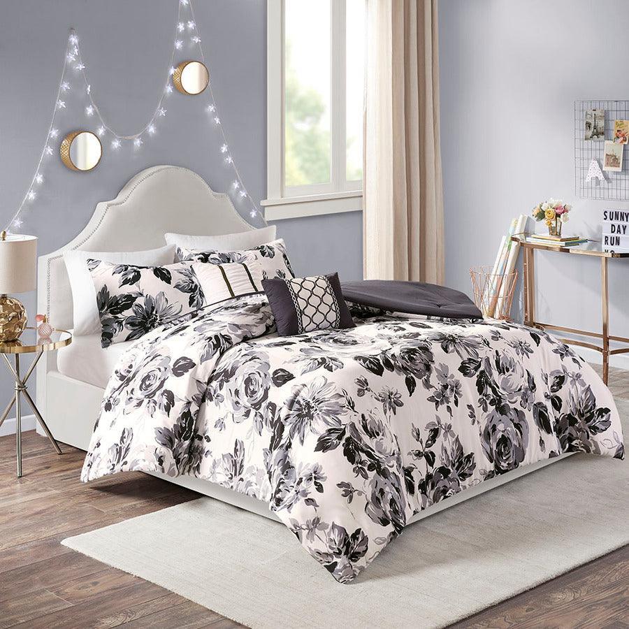 Olliix.com Comforters & Blankets - Dorsey Floral Print Comforter Set Black & White Twin/Twin XL