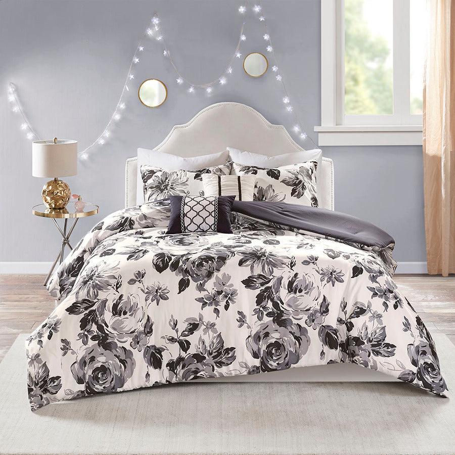 Olliix.com Comforters & Blankets - Dorsey Floral Print Comforter Set Black & White Twin/Twin XL