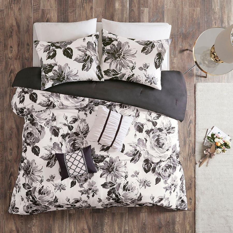 Olliix.com Comforters & Blankets - Dorsey Floral Print Comforter Set Black & White Twin/Twin XL