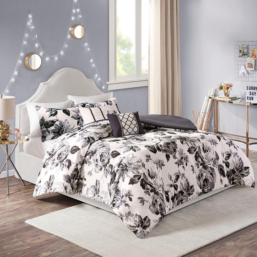 Olliix.com Duvet & Duvet Sets - Dorsey Full/Queen Floral Print Duvet Cover Set Black & White