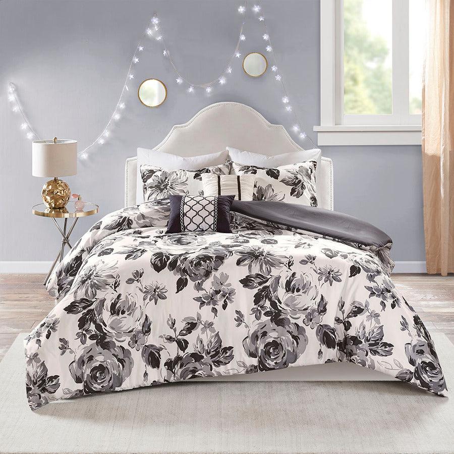 Olliix.com Duvet & Duvet Sets - Dorsey Full/Queen Floral Print Duvet Cover Set Black & White