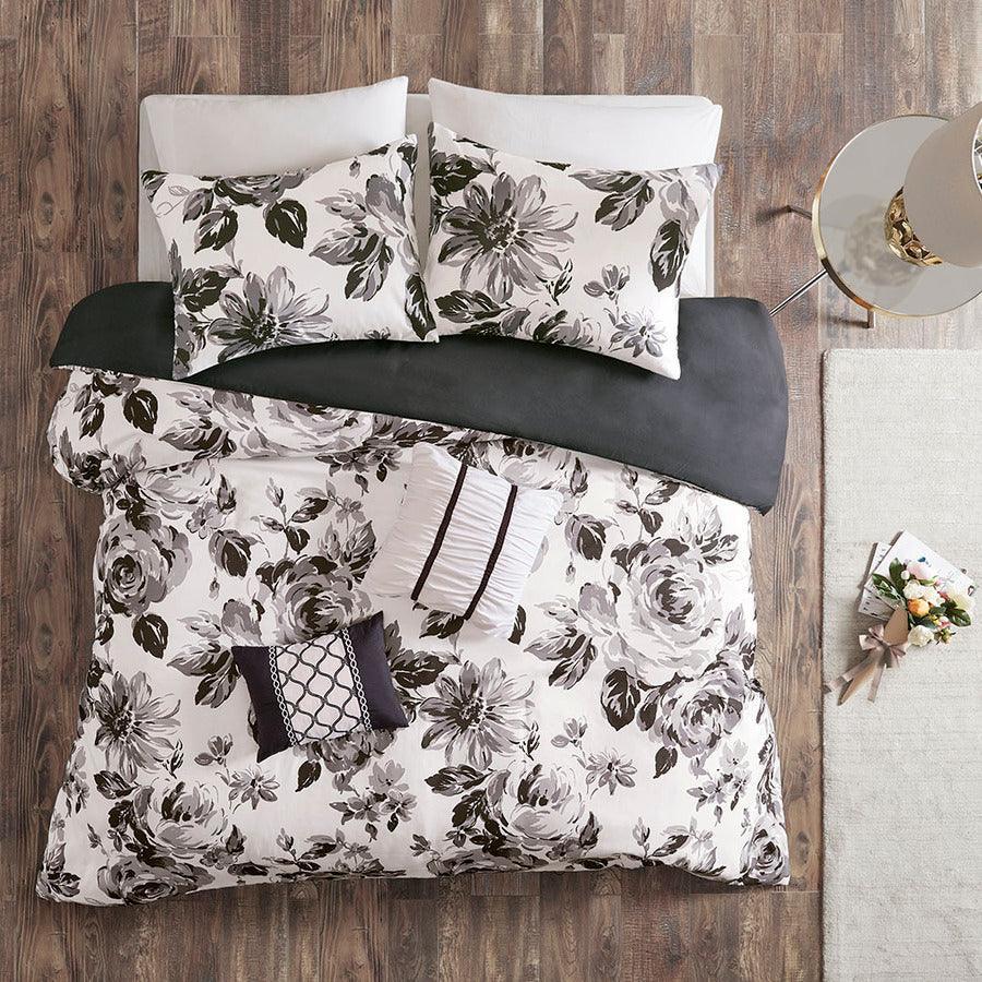 Olliix.com Duvet & Duvet Sets - Dorsey Full/Queen Floral Print Duvet Cover Set Black & White