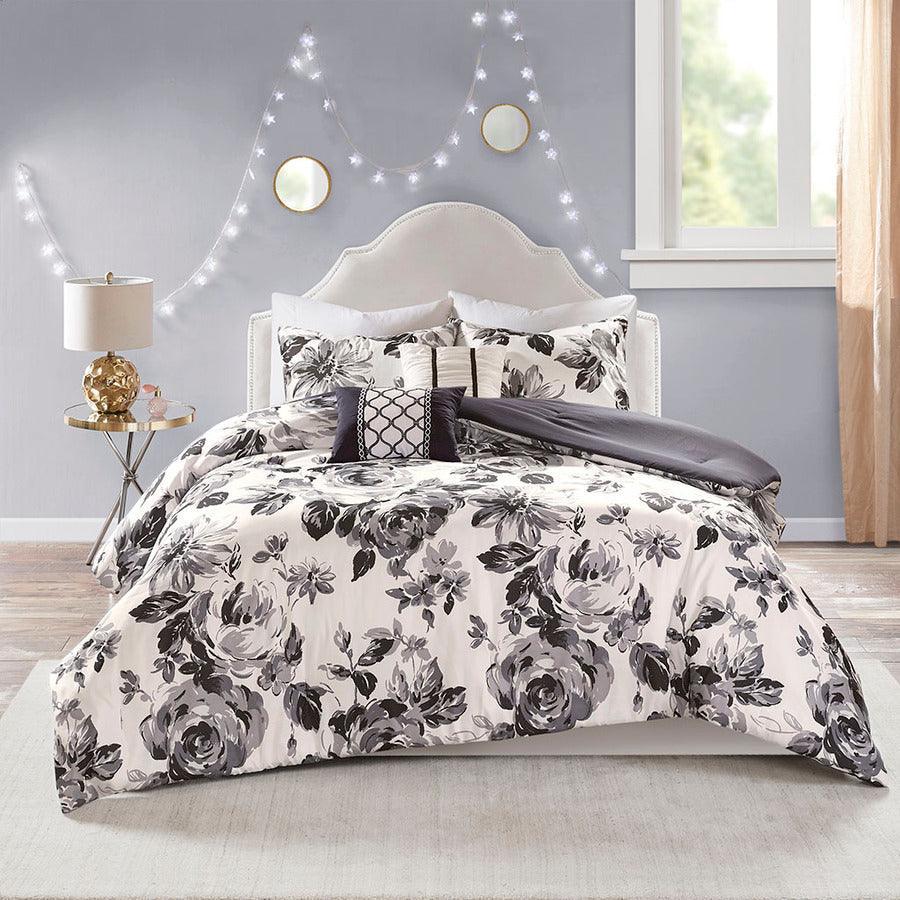 Olliix.com Comforters & Blankets - Dorsey King/California King Floral Print Comforter Set Black & White