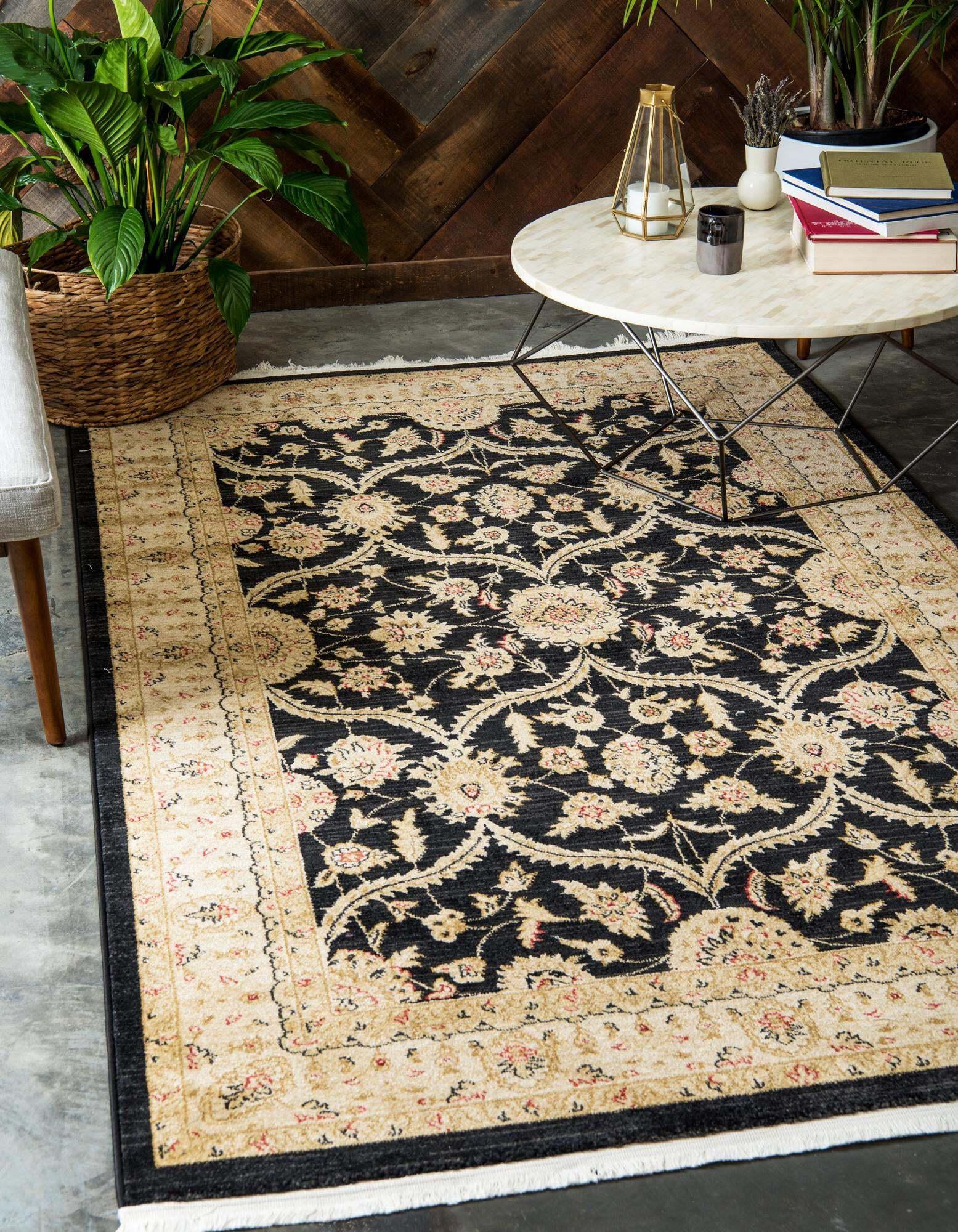 Unique Loom Indoor Rugs - Edinburgh Floral Rectangular 8x11 Rug Black & Beige