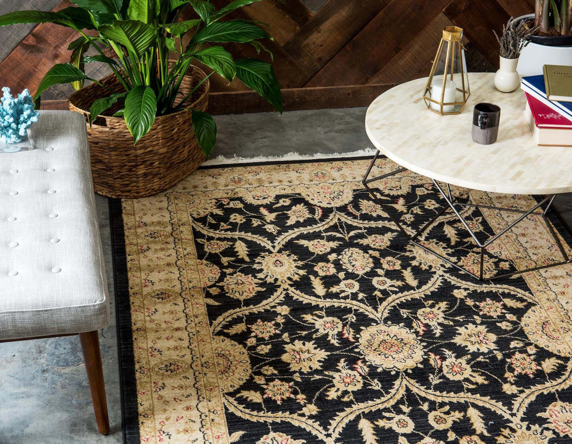Unique Loom Indoor Rugs - Edinburgh Floral Rectangular 8x11 Rug Black & Beige