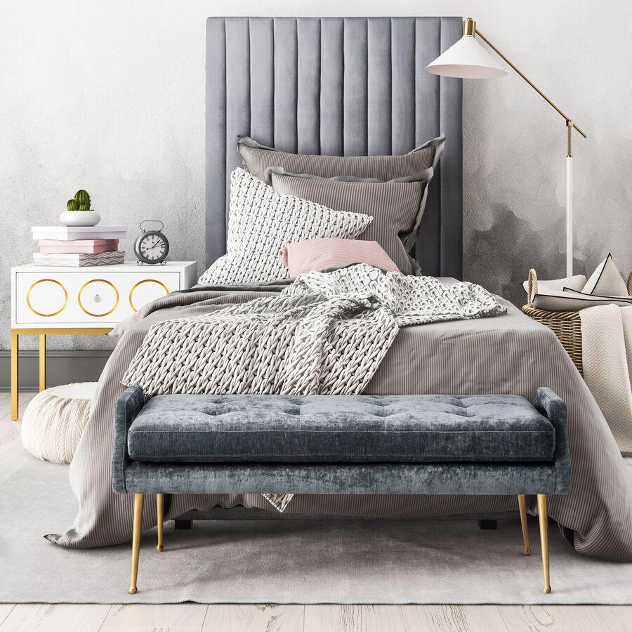 Tov Furniture Benches - Eileen Slub Velvet Grey Bench Gray