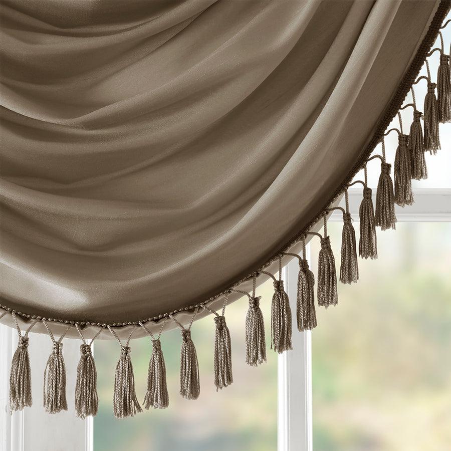 Olliix.com Curtains - Elena Traditional Faux Silk Waterfall Embellished Valance 38"W x 46"L Bronze