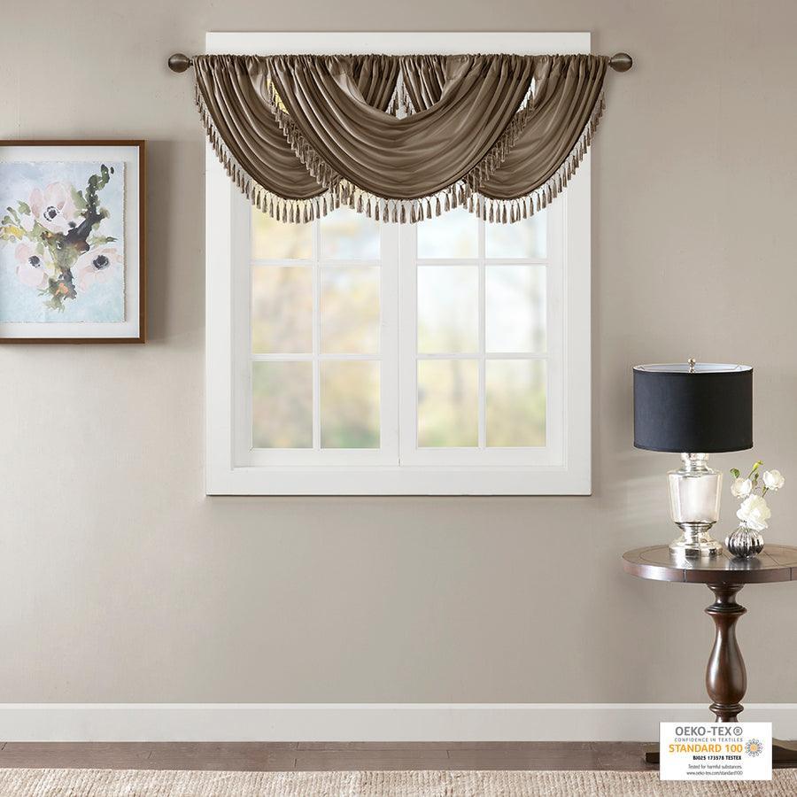 Olliix.com Curtains - Elena Traditional Faux Silk Waterfall Embellished Valance 38"W x 46"L Bronze