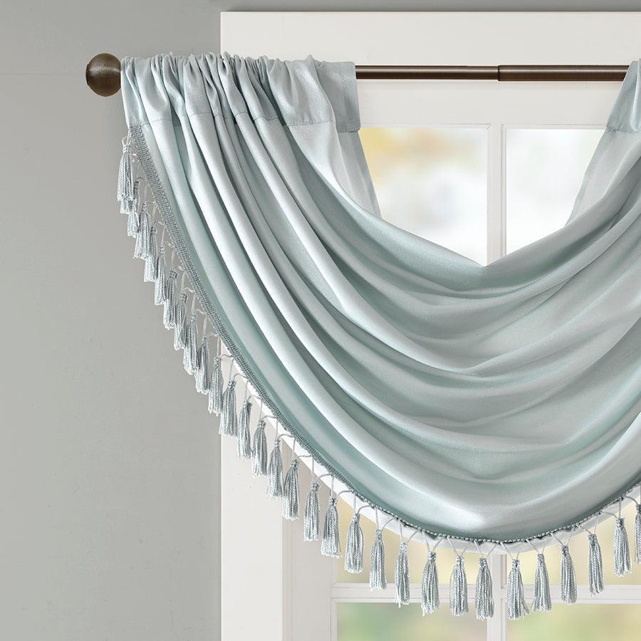 Olliix.com Curtains - Elena Traditional Faux Silk Waterfall Embellished Valance 38"W x 46"L Dusty Aqua