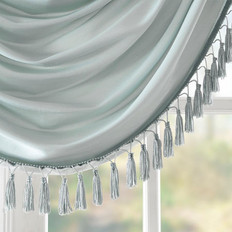 Olliix.com Curtains - Elena Traditional Faux Silk Waterfall Embellished Valance 38"W x 46"L Dusty Aqua