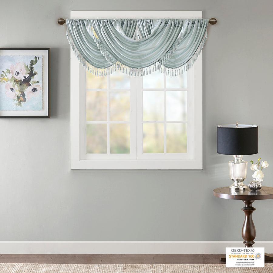 Olliix.com Curtains - Elena Traditional Faux Silk Waterfall Embellished Valance 38"W x 46"L Dusty Aqua