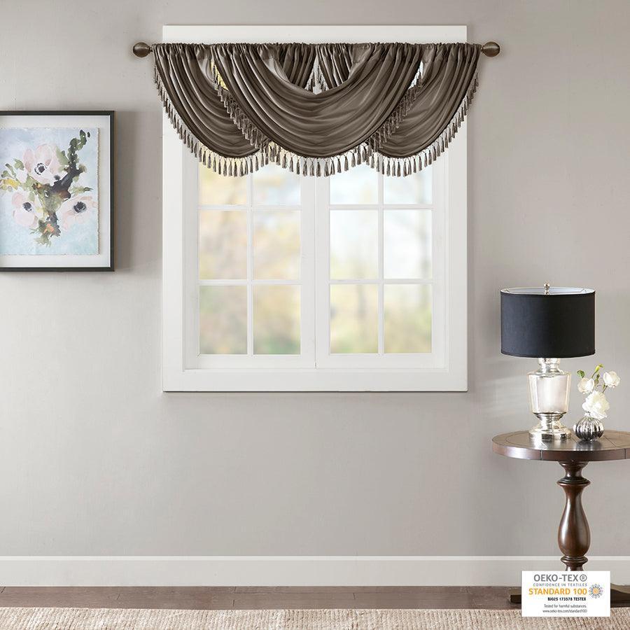 Olliix.com Curtains - Elena Traditional Faux Silk Waterfall Embellished Valance 38"W x 46"L Pewter
