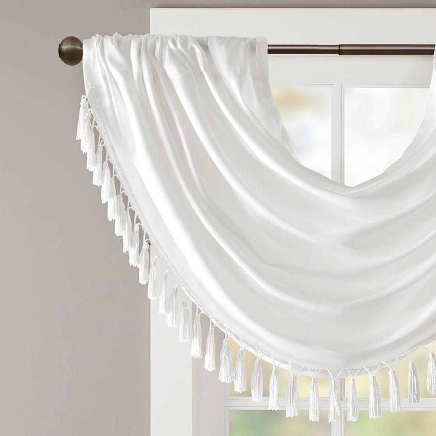 Olliix.com Curtains - Elena Transitional Faux Silk Waterfall Embellished Valance 38"W x 46"L White