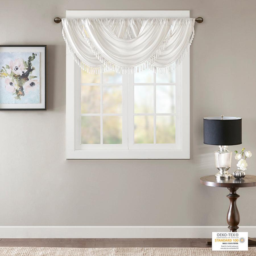 Olliix.com Curtains - Elena Transitional Faux Silk Waterfall Embellished Valance 38"W x 46"L White