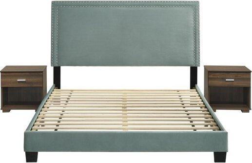 Elements Bedroom Sets - Emery Upholstered Queen Bed with Two Nightstands in Green