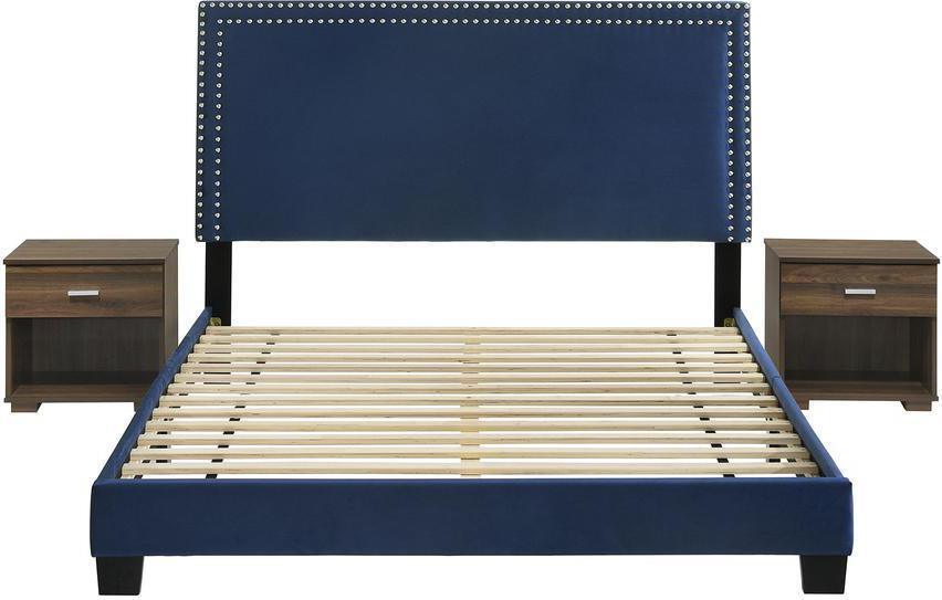 Elements Bedroom Sets - Emery Upholstered Queen Bed with Two Nightstands in Navy