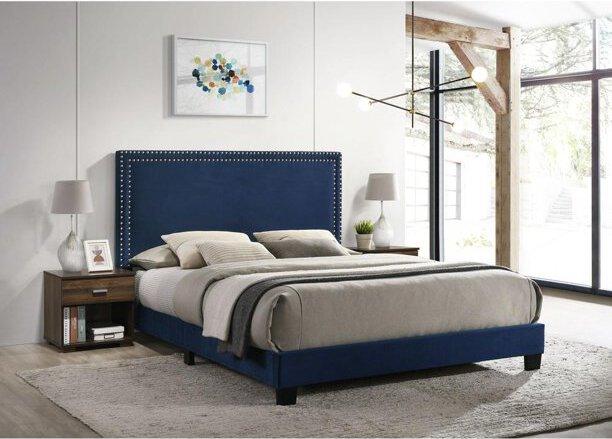Elements Bedroom Sets - Emery Upholstered Queen Bed with Two Nightstands in Navy