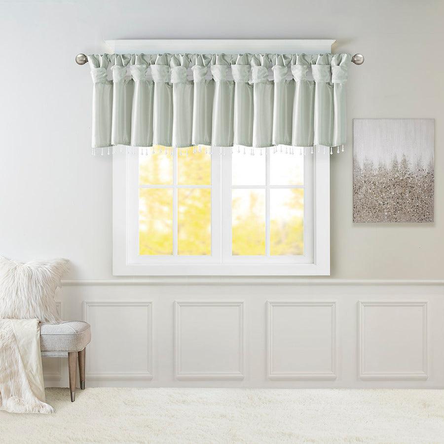 Olliix.com Curtains - Emilia Transitional Lightweight Faux Silk Valance With Beads 50"W x 26"L Dusty Aqua