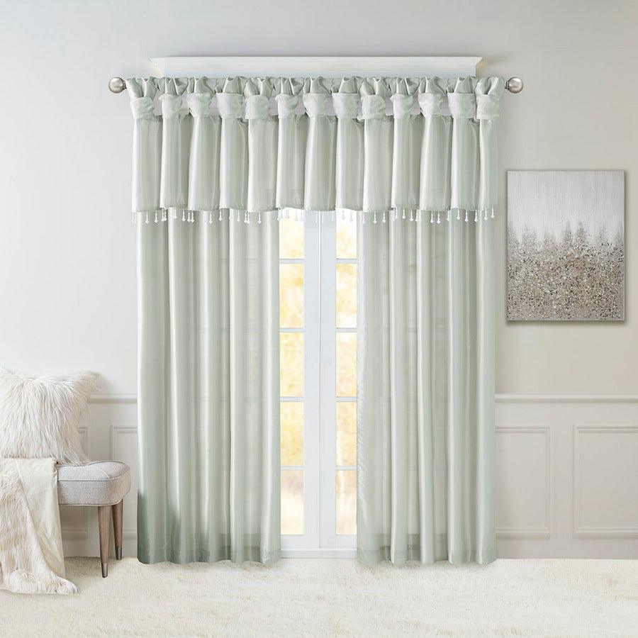 Olliix.com Curtains - Emilia Transitional Lightweight Faux Silk Valance With Beads 50"W x 26"L Dusty Aqua