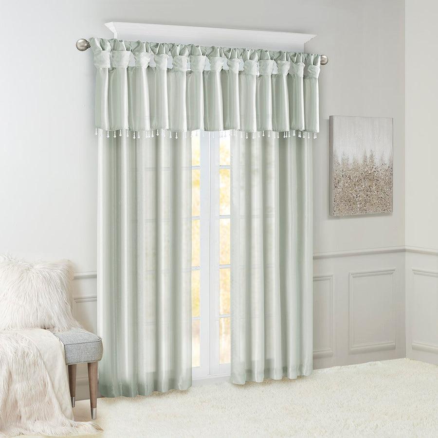 Olliix.com Curtains - Emilia Transitional Lightweight Faux Silk Valance With Beads 50"W x 26"L Dusty Aqua
