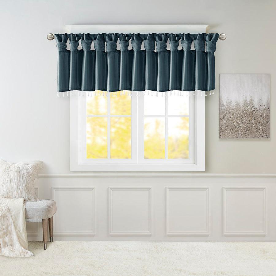 Olliix.com Curtains - Emilia Transitional Lightweight Faux Silk Valance With Beads 50"W x 26"L Teal