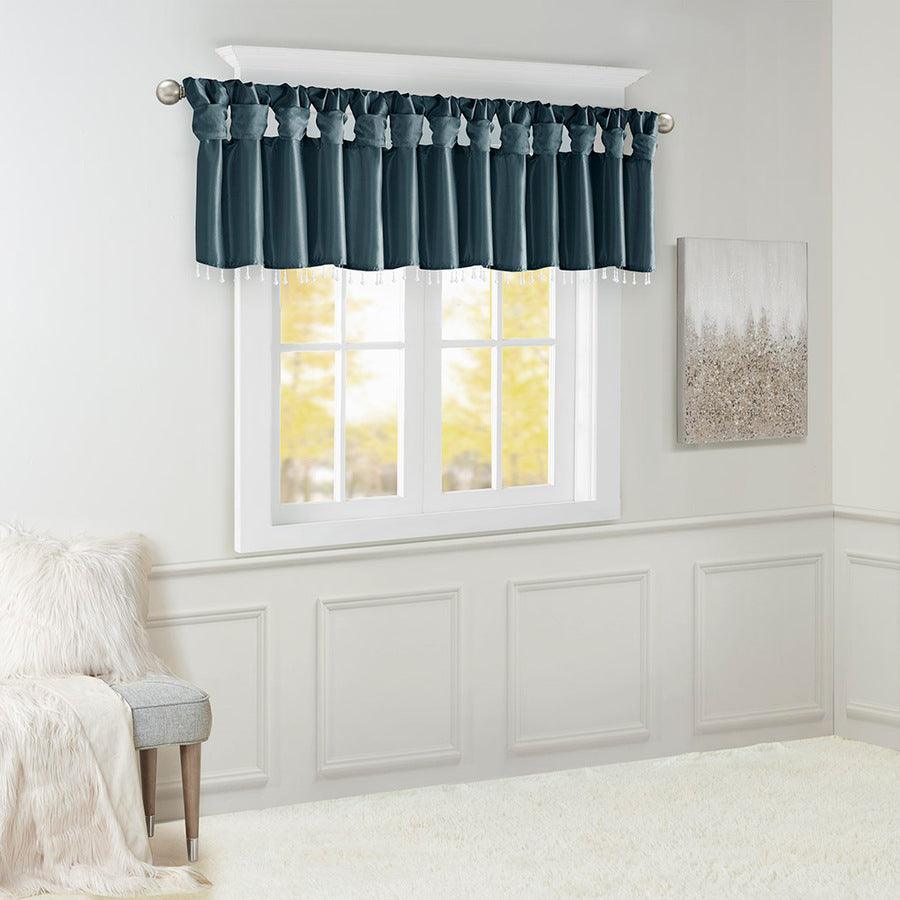 Olliix.com Curtains - Emilia Transitional Lightweight Faux Silk Valance With Beads 50"W x 26"L Teal