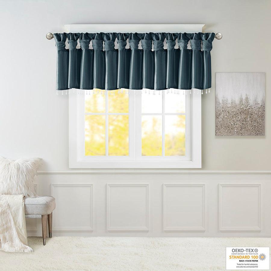 Olliix.com Curtains - Emilia Transitional Lightweight Faux Silk Valance With Beads 50"W x 26"L Teal